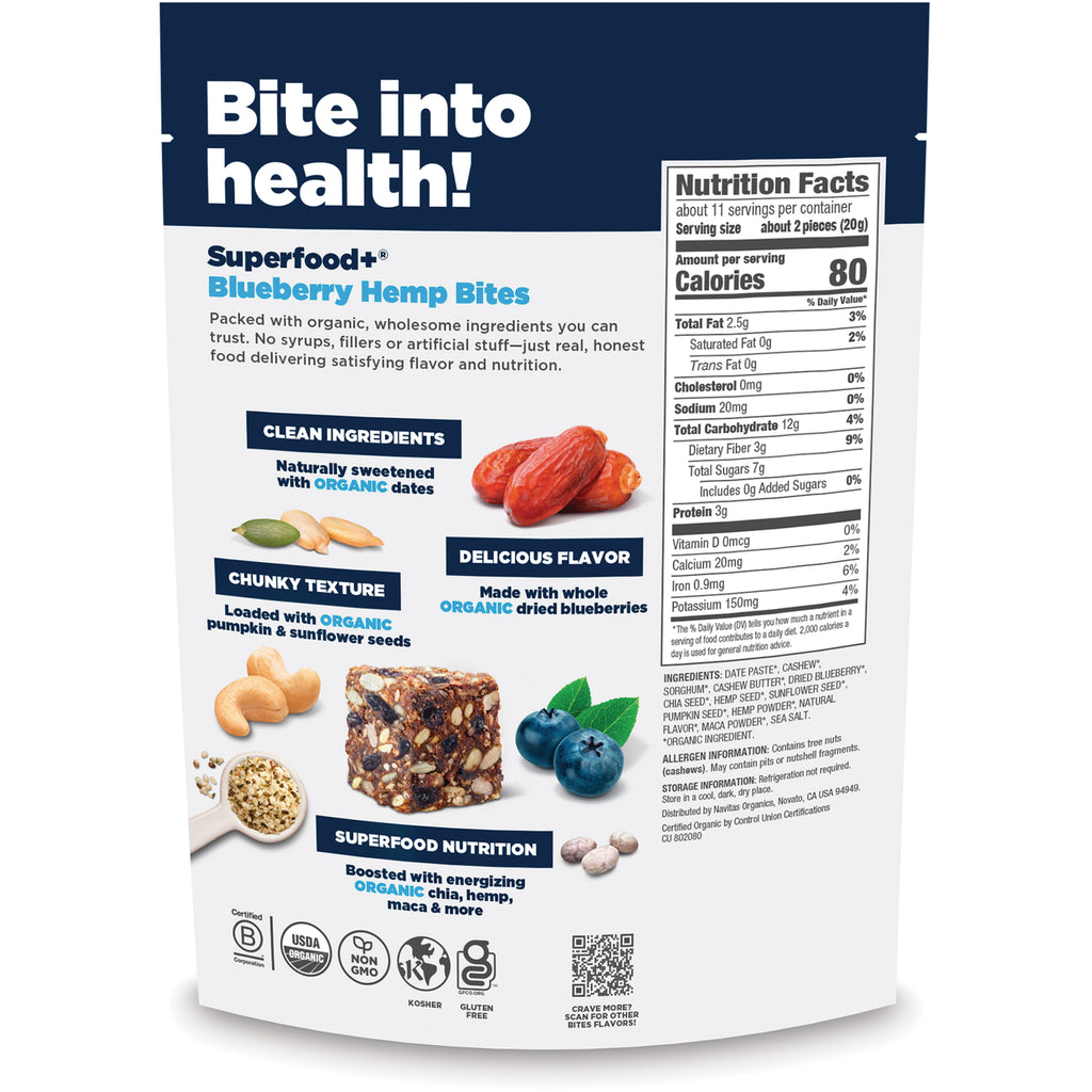 NAV042 | Back of Navitas Organics blueberry hemp dates pouch showing Nutrition Facts and product description - Thumbnail