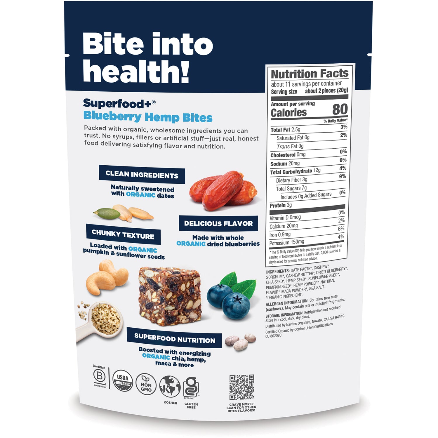 NAV042 | Back of Navitas Organics blueberry hemp dates pouch showing Nutrition Facts and product description