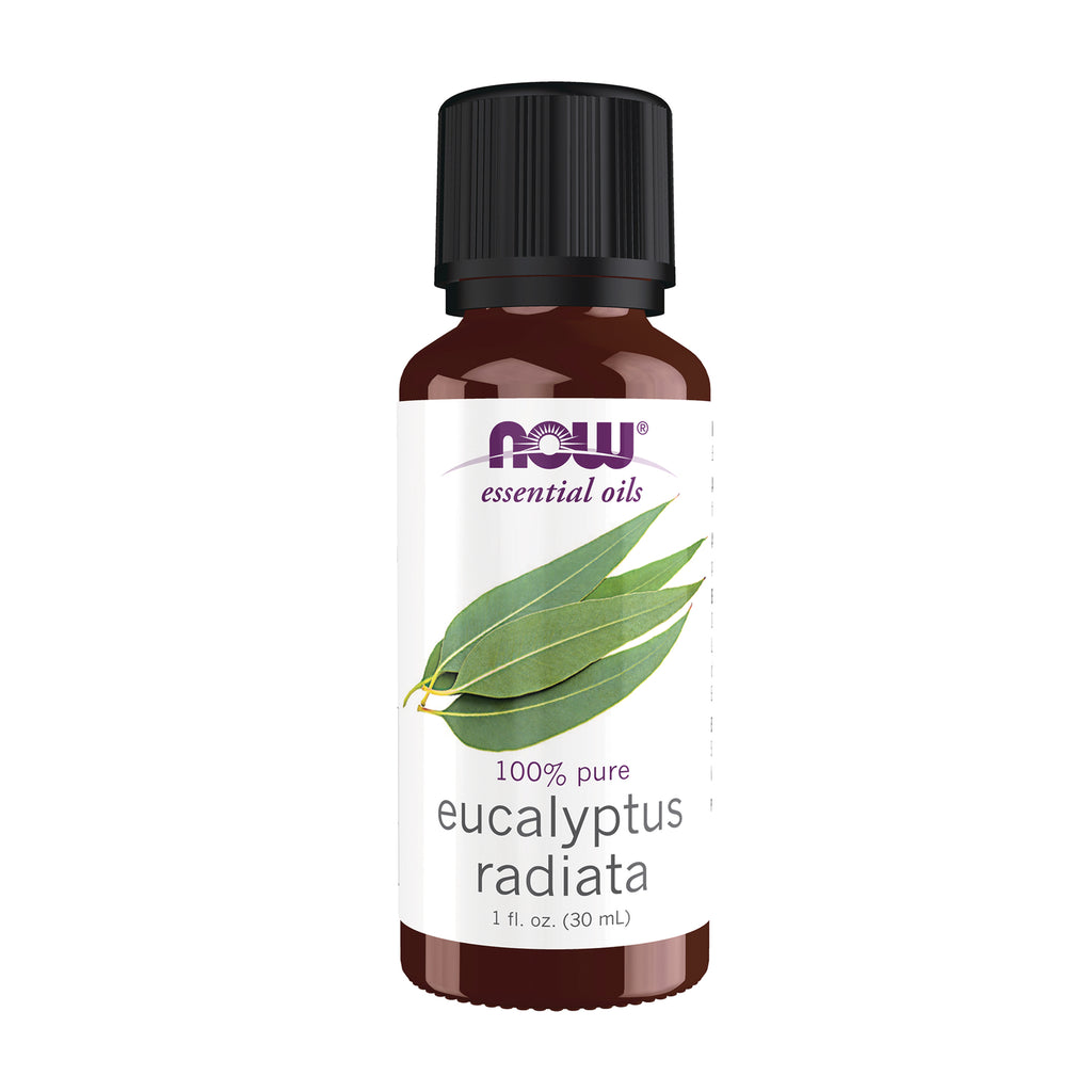 NWF1401 | 1 fl oz amber bottle of NOW essential oils labeled 100% pure eucalyptus radiata with black cap - Thumbnail