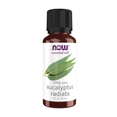 NWF1401 | 1 fl oz amber bottle of NOW essential oils labeled 100% pure eucalyptus radiata with black cap