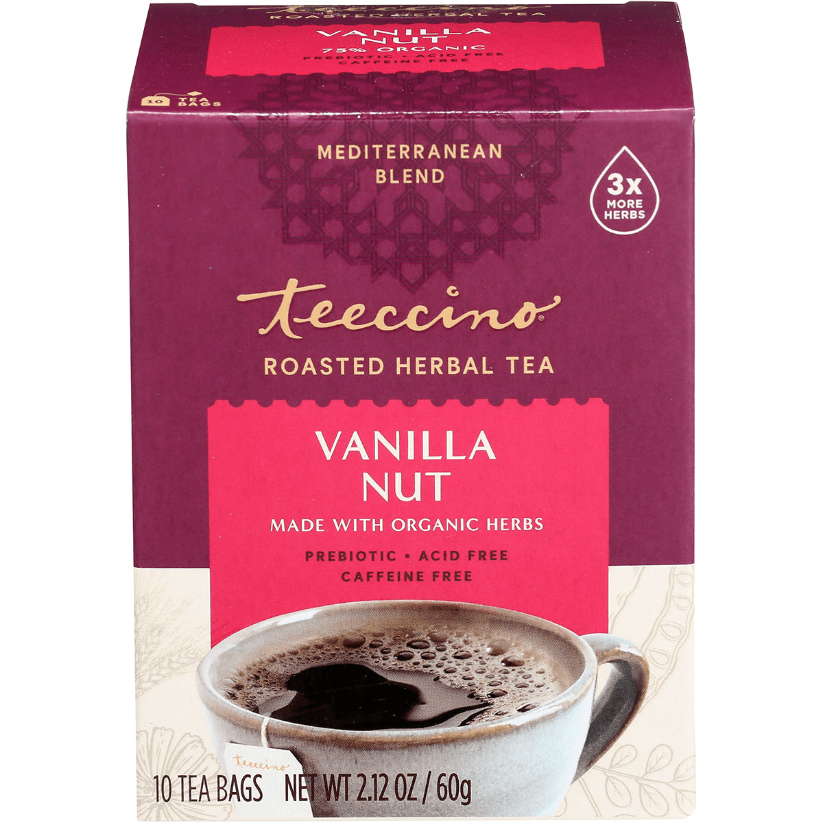 TCN011 | Teeccino Roasted Herbal Tea Vanilla Nut, 10 tea bags, 2.12 oz; prebiotic, acid free, caffeine free