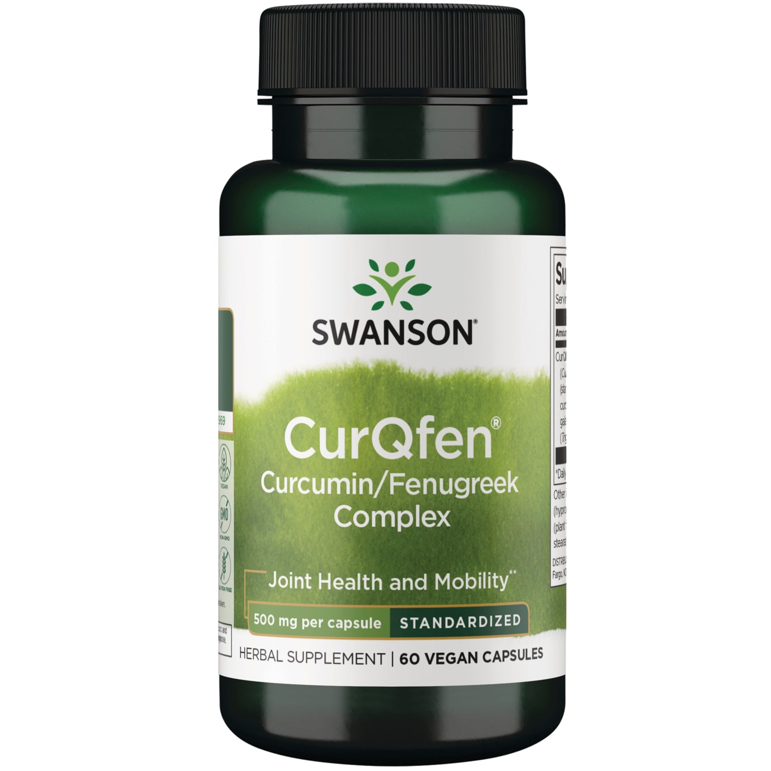 SWH233 | Four Swanson CurQfen Curcumin/Fenugreek Complex bottles front view, 60 vegan capsules each || SWH233 | Two front-facing Swanson CurQfen Curcumin/Fenugreek Complex bottles, 60 vegan capsules, 500 mg per capsule || SWH233 | three Swanson CurQfen Curcumin/Fenugreek Complex bottles front label 60 vegan capsules joint health