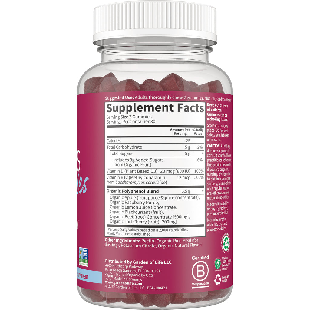 GLF347 | Back of gummy supplement bottle showing Supplement Facts panel, ingredients and usage information - Thumbnail