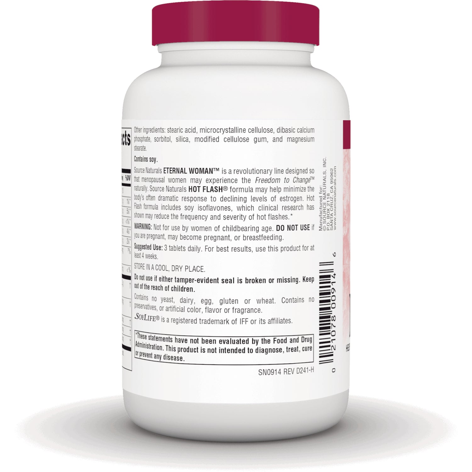 SN109 | back of white supplement bottle showing ingredients, warning text and barcode