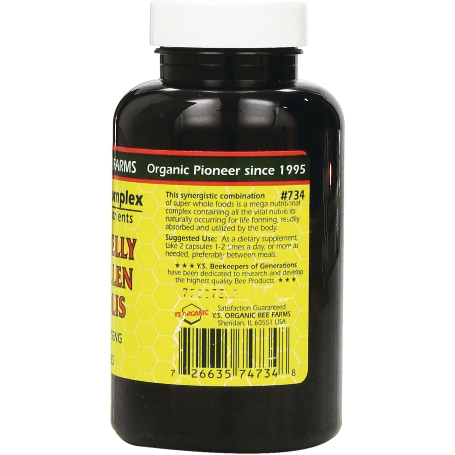 YS030 | Back label of Y.S. Organic Bee Farms supplement bottle with yellow label, barcode, and text Organic Pioneer since 1995