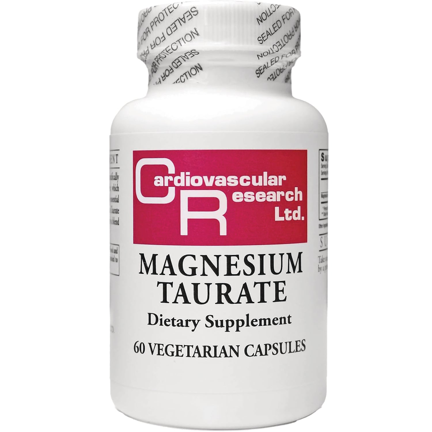 CRR018 | White bottle labeled Cardiovascular Research Ltd MAGNESIUM TAURATE dietary supplement 60 VEGETARIAN CAPSULES
