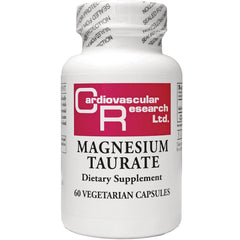 CRR018 | White bottle labeled Cardiovascular Research Ltd MAGNESIUM TAURATE dietary supplement 60 VEGETARIAN CAPSULES