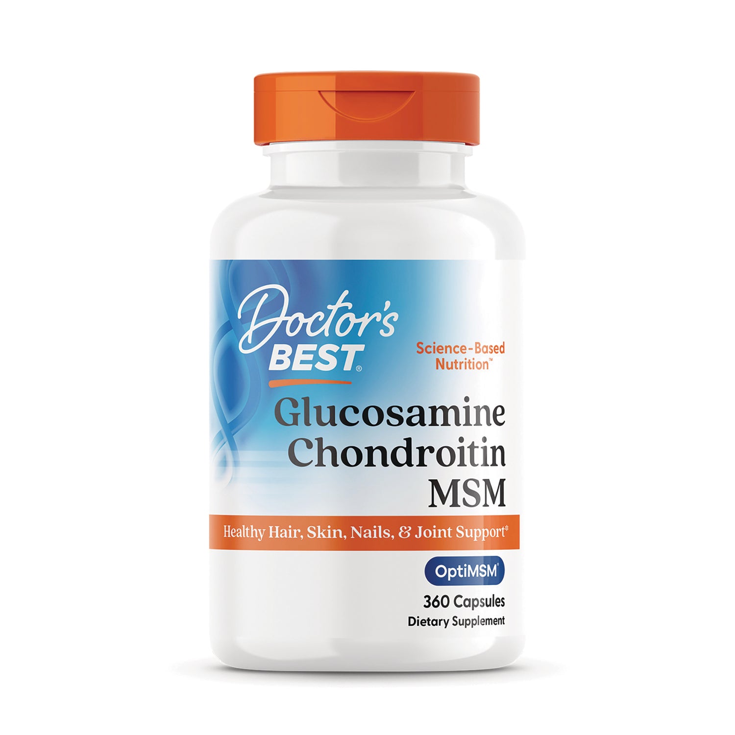 DB238 | Doctor's Best Glucosamine Chondroitin MSM white bottle with orange cap labeled 360 Capsules dietary supplement