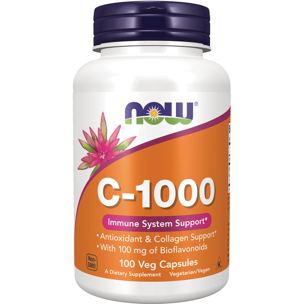 NWF029 | White bottle of NOW C-1000 vitamin C supplement with orange label, 100 veg capsules - Thumbnail