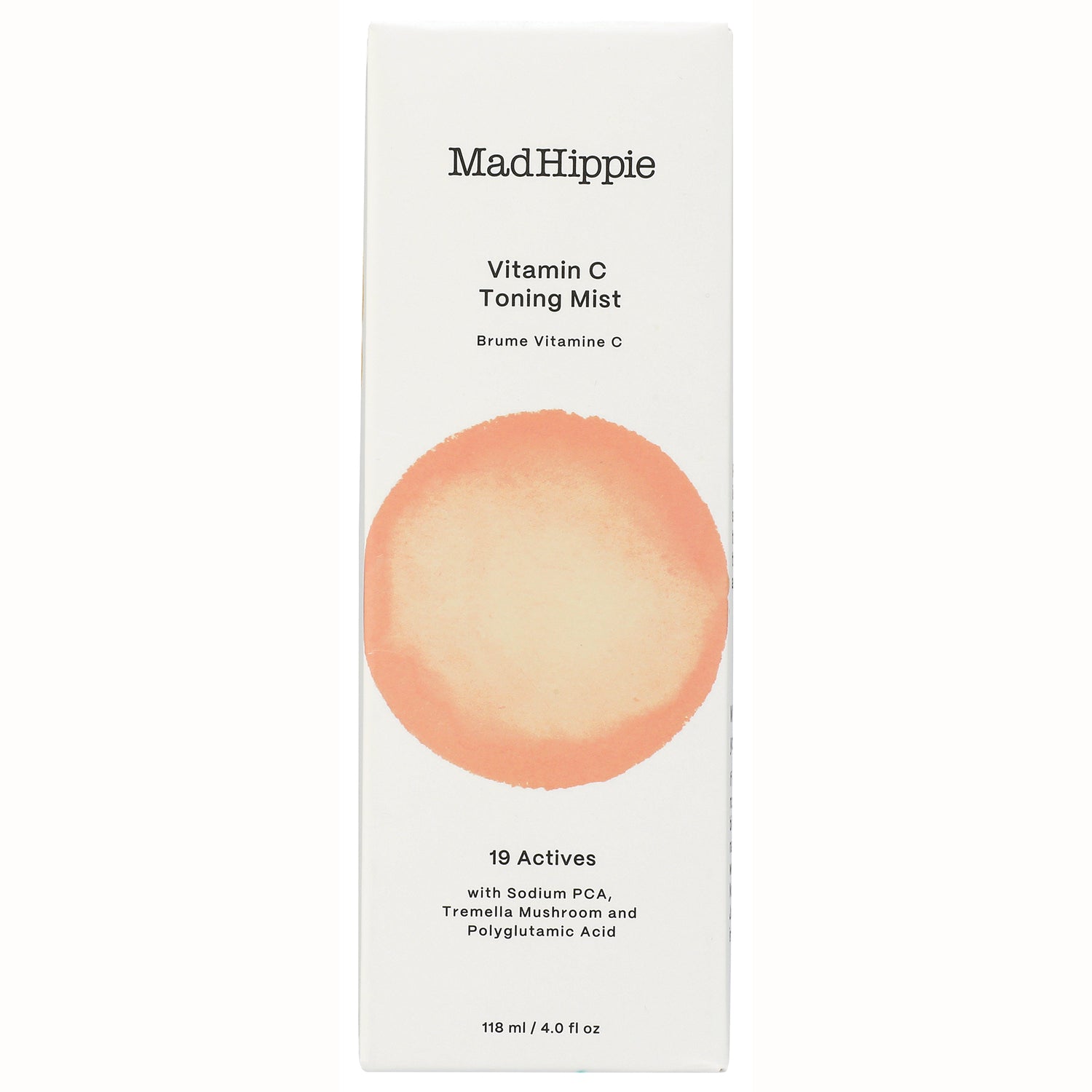 HIP009 | MadHippie Vitamin C Toning Mist box with peach circle graphic and printed 118 ml / 4.0 fl oz
