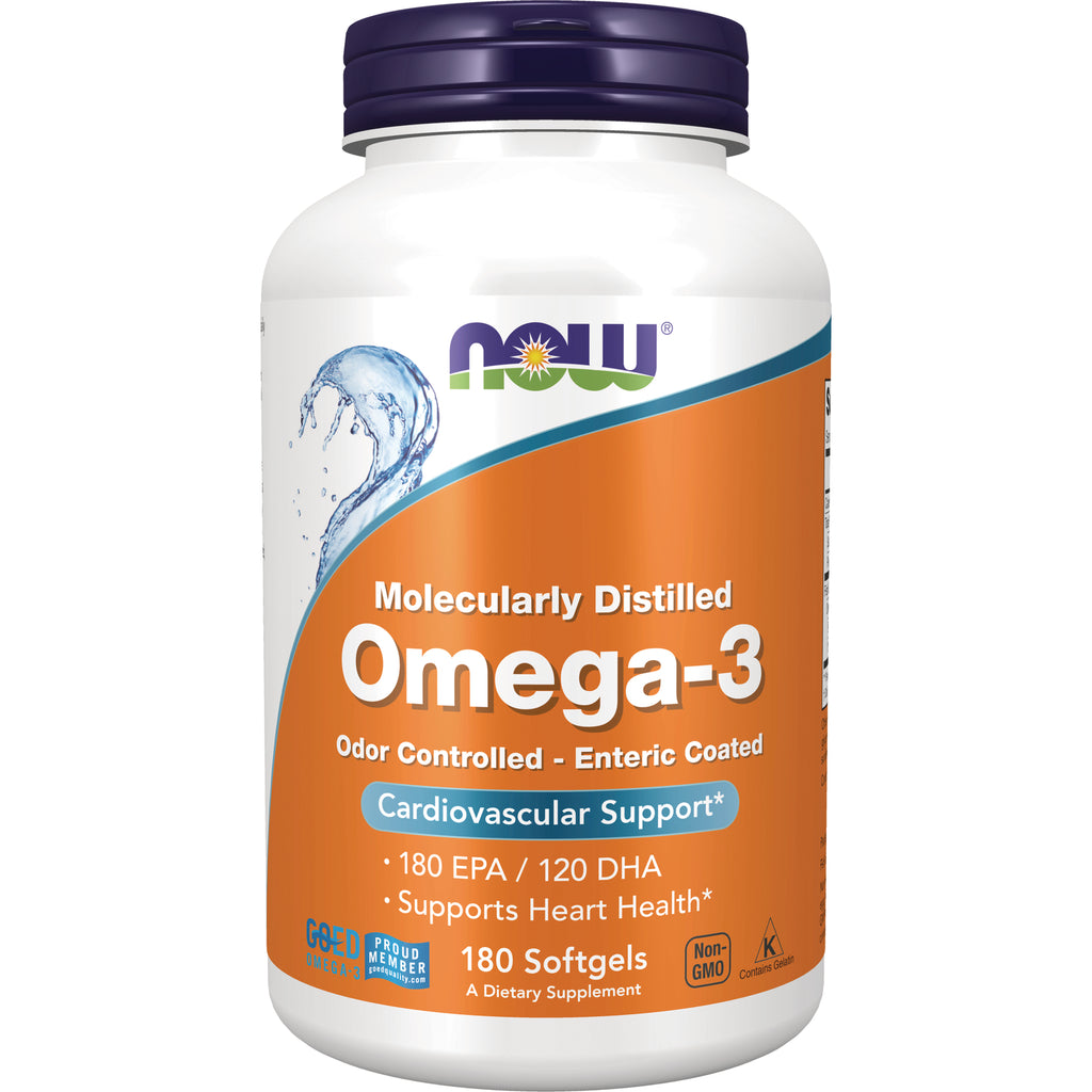 NWF071 | White bottle of NOW Molecularly Distilled Omega-3 180 softgels with orange label, cardiovascular support - Thumbnail