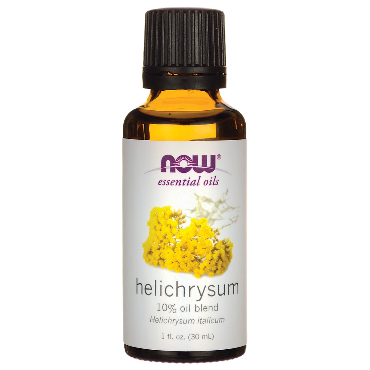 NWF1286 | Amber glass bottle labeled NOW essential oils helichrysum 10% oil blend 1 fl oz