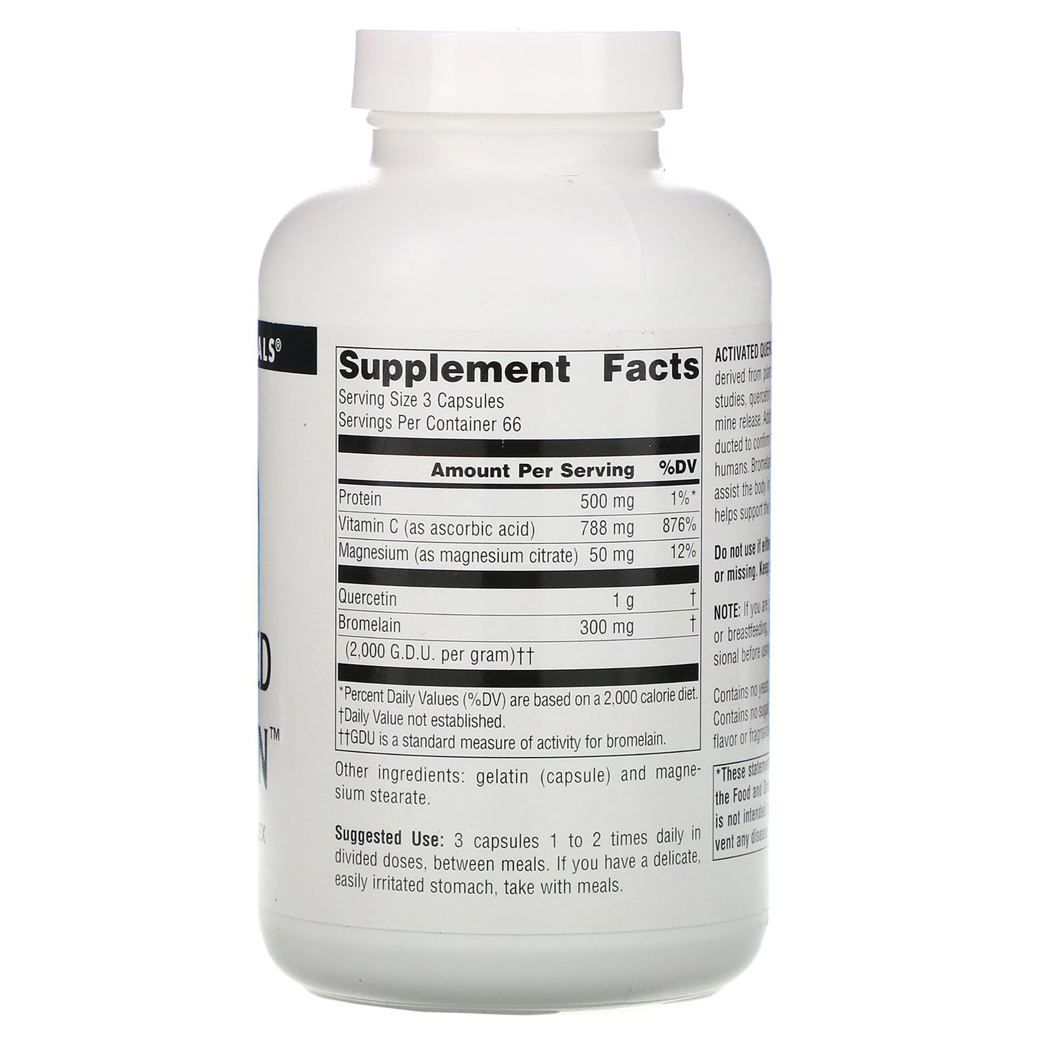 SN833 | Back label with Supplement Facts panel, serving size 3 capsules, servings per container 66