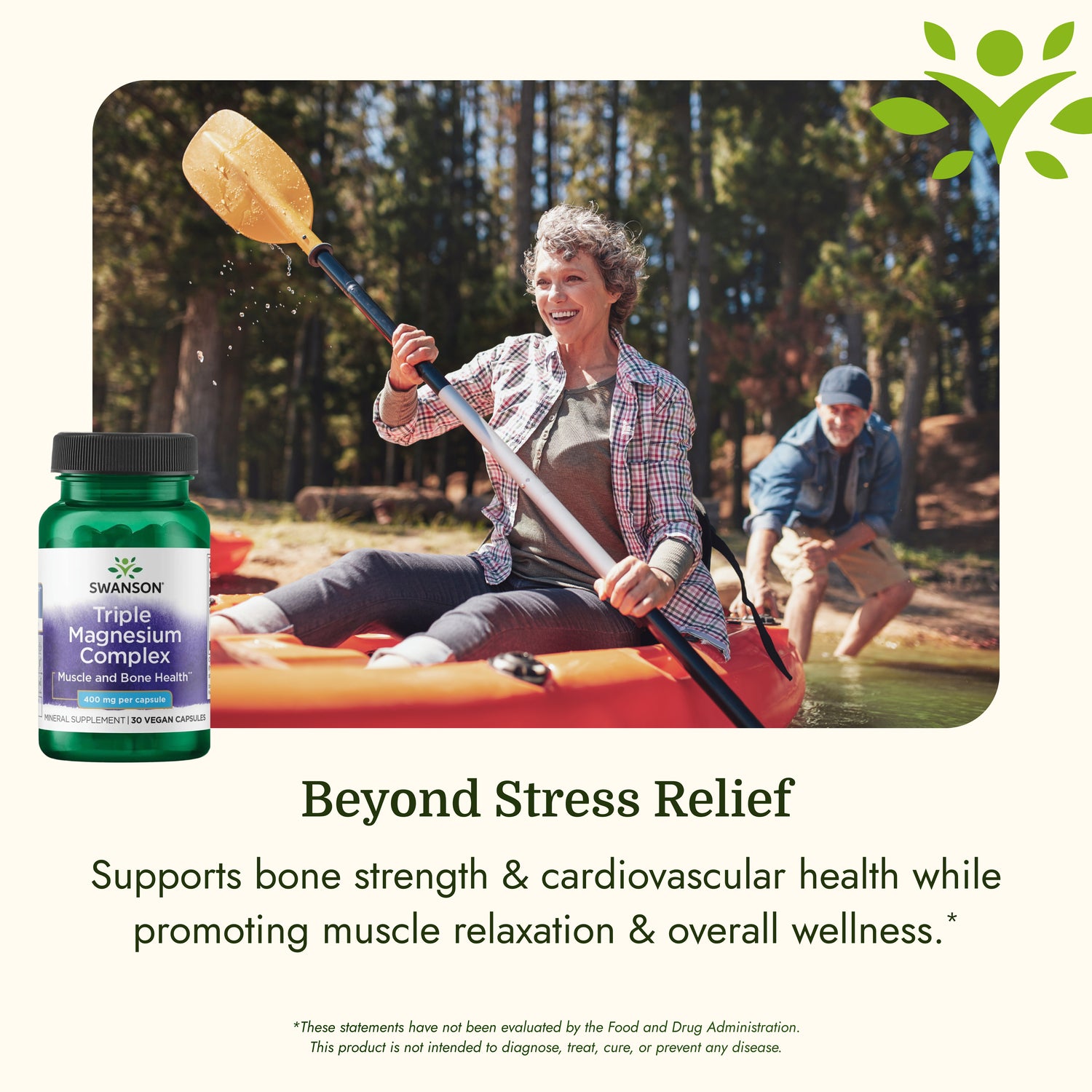SW1243 | Kayakers enjoying outdoor activity with Swanson Triple Magnesium Complex supplement and wellness claims