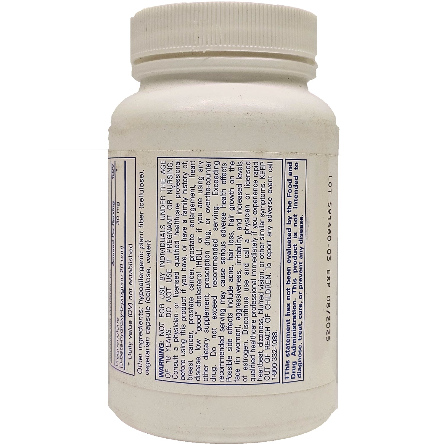 PRN041 | back label of white supplement bottle showing supplement facts and warning text