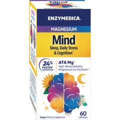 EMD093 | Enzymedica Magnesium Mind supplement box showing sleep, daily stress & cognition claims and colorful brain graphic, 60 capsules