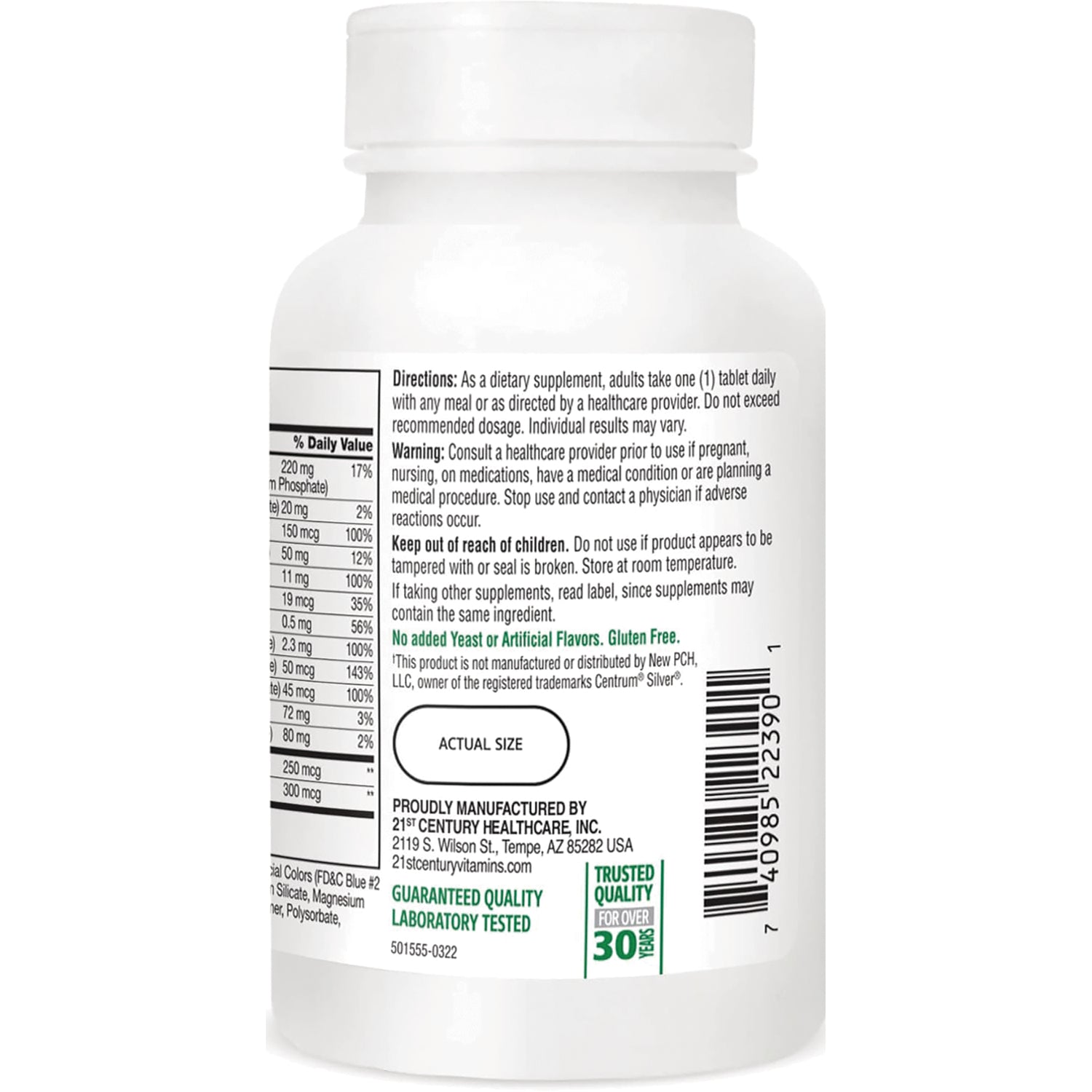 CNT145 | Back label of white supplement bottle showing directions, warnings, nutrition facts, barcode, and ACTUAL SIZE oval