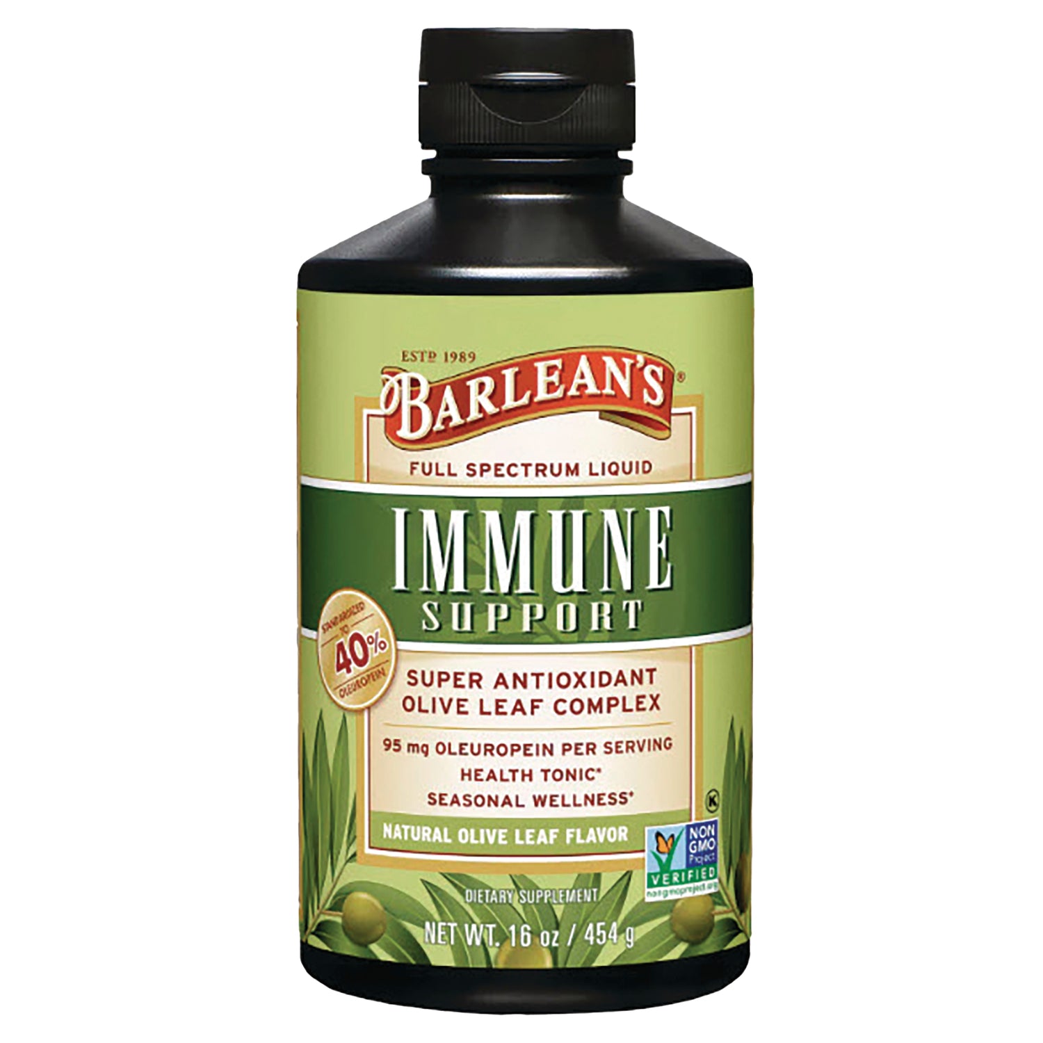 Barlean's IMMUNE SUPPORT full-spectrum liquid bottle labeled Super Antioxidant Olive Leaf Complex, 16 oz