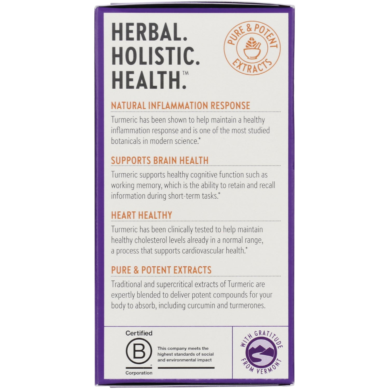 NWC259 | product infographic listing natural inflammation response, supports brain health, heart healthy, pure & potent extracts