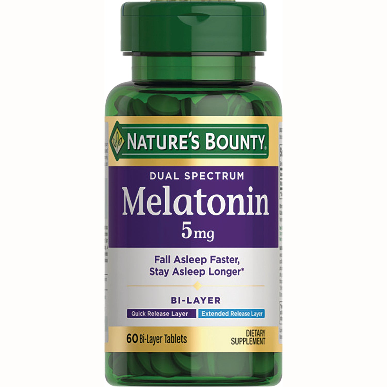NBY090 | Nature's Bounty Melatonin 5 mg bottle, 60 bi-layer tablets, front label