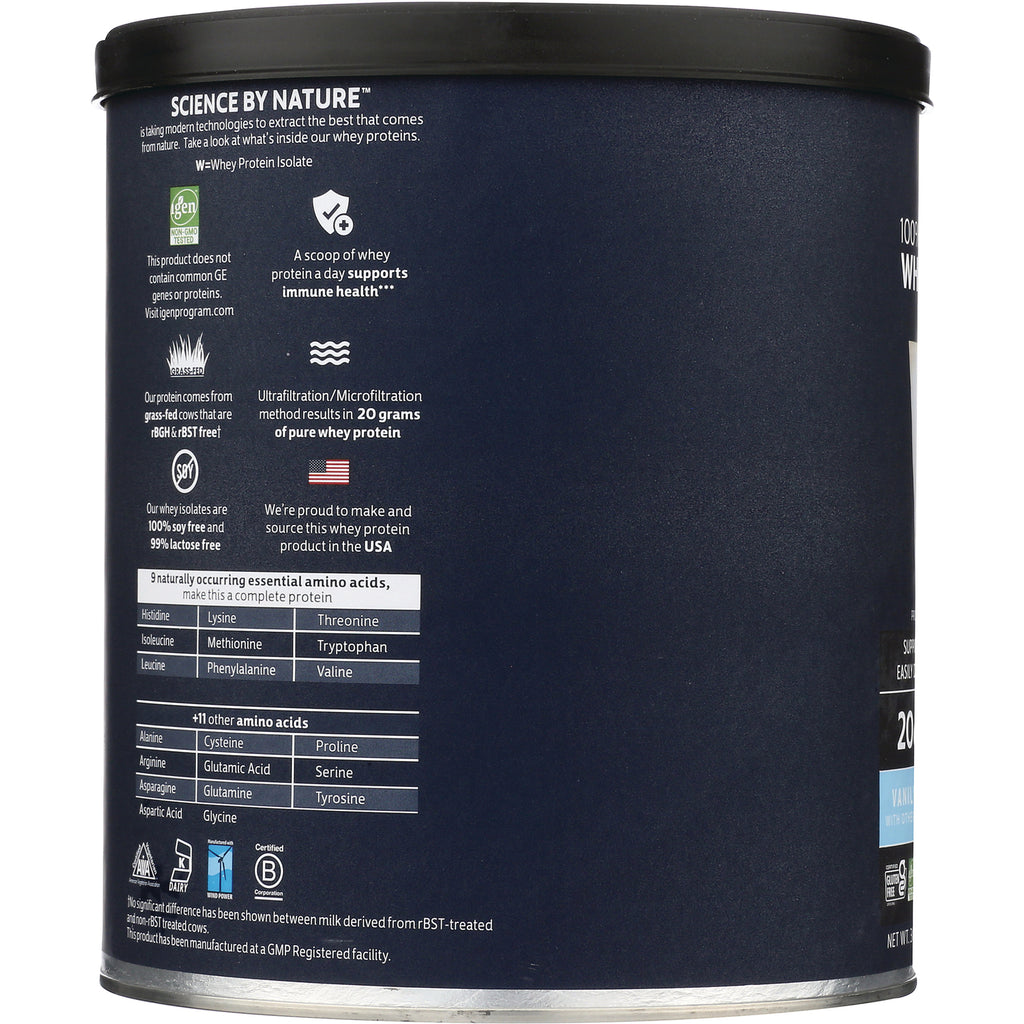 CRL328 | Back label of navy protein powder can showing amino acids table, certifications and manufacturing details - Thumbnail