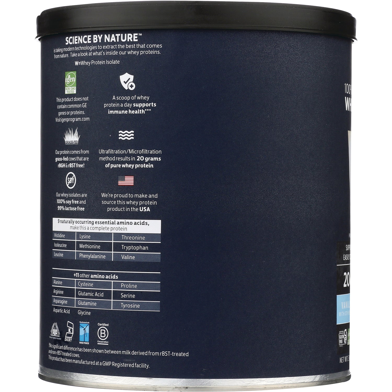 CRL328 | Back label of navy protein powder can showing amino acids table, certifications and manufacturing details