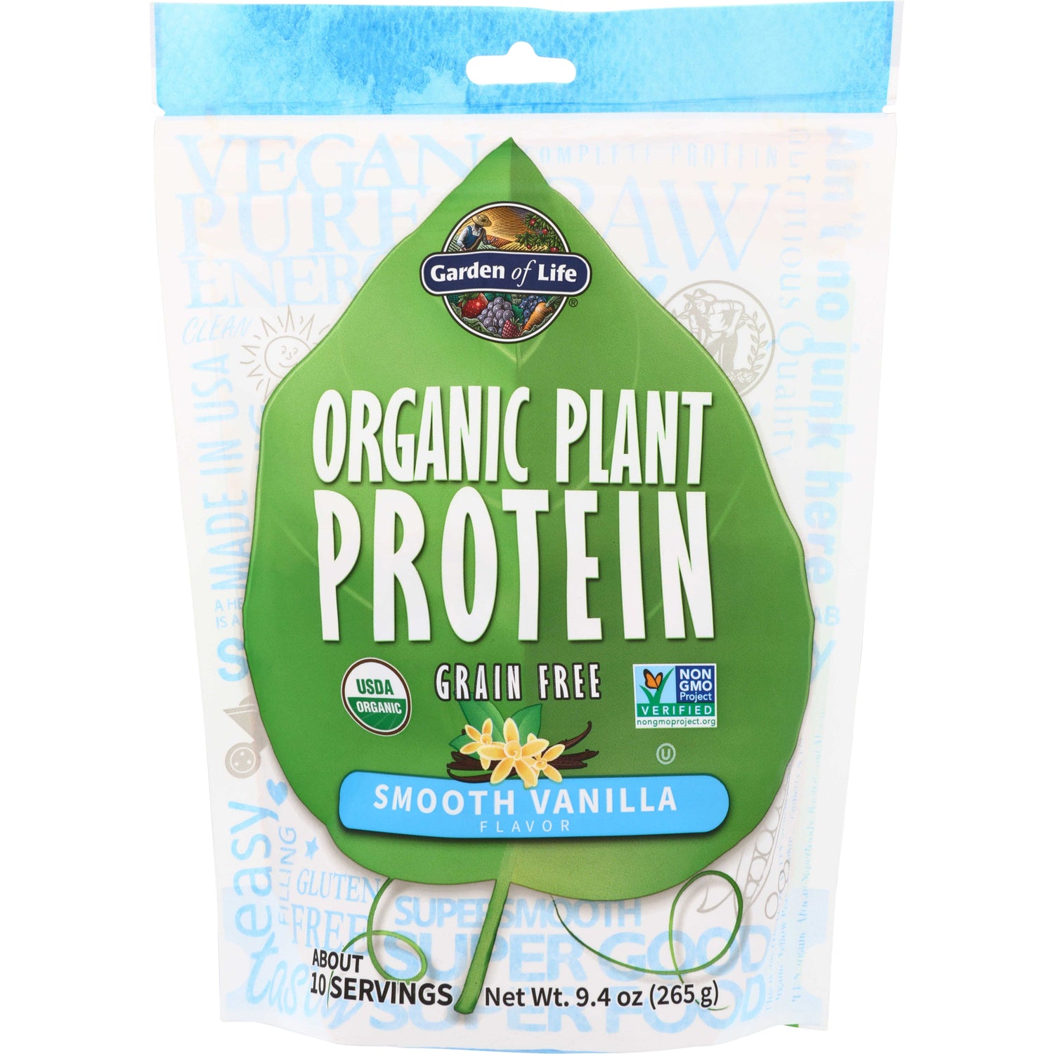 GLF188 | Garden of Life Organic Plant Protein, Smooth Vanilla flavor, grain free, 9.4 oz bag front
