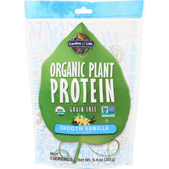 GLF188 | Garden of Life Organic Plant Protein, Smooth Vanilla flavor, grain free, 9.4 oz bag front