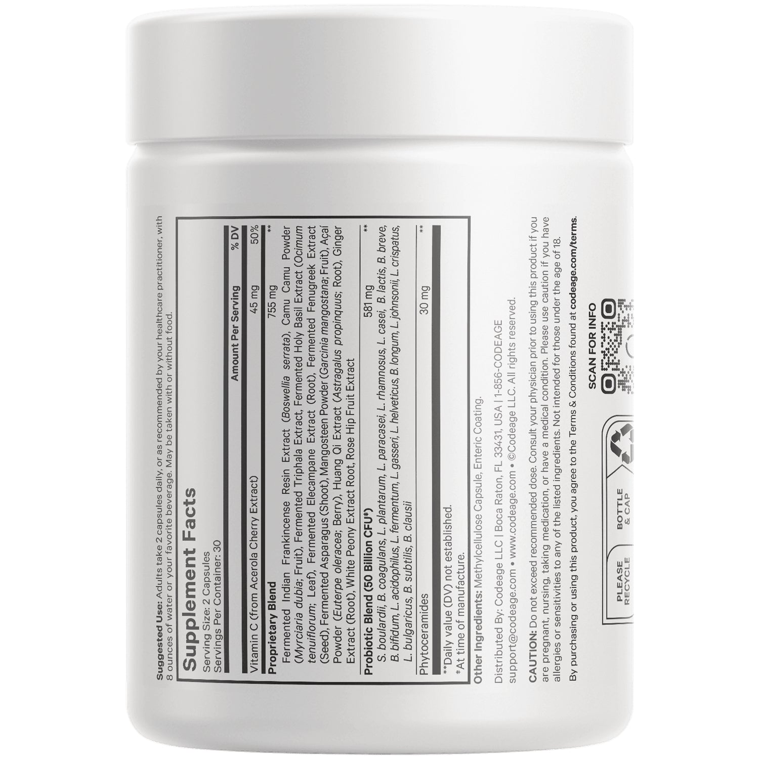 CDG053 | back of white supplement bottle showing supplement facts and ingredients label