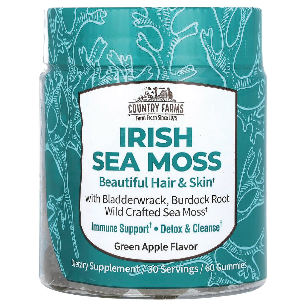 CFR024 | Country Farms Irish Sea Moss jar front label, green apple flavor, dietary supplement 60 gummies - Thumbnail