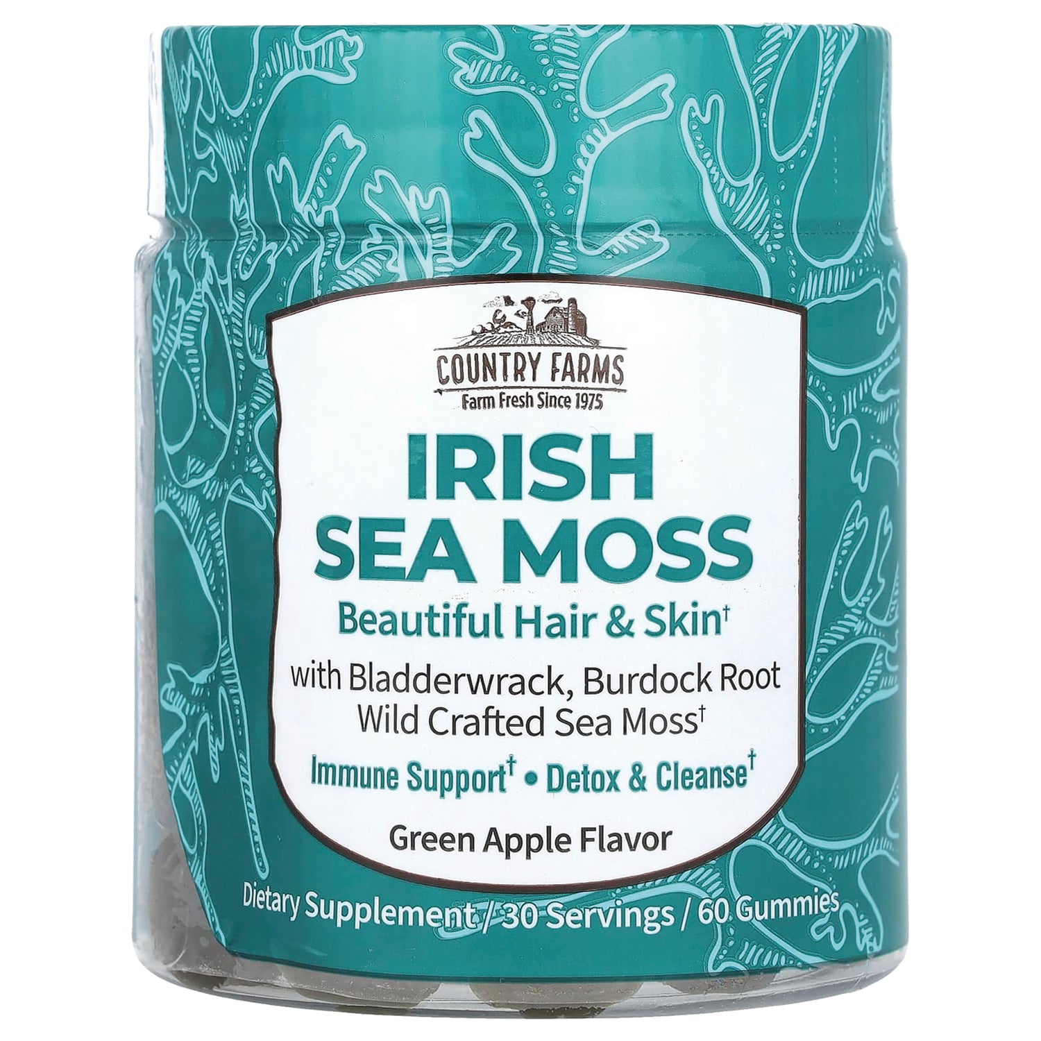 CFR024 | Country Farms Irish Sea Moss jar front label, green apple flavor, dietary supplement 60 gummies