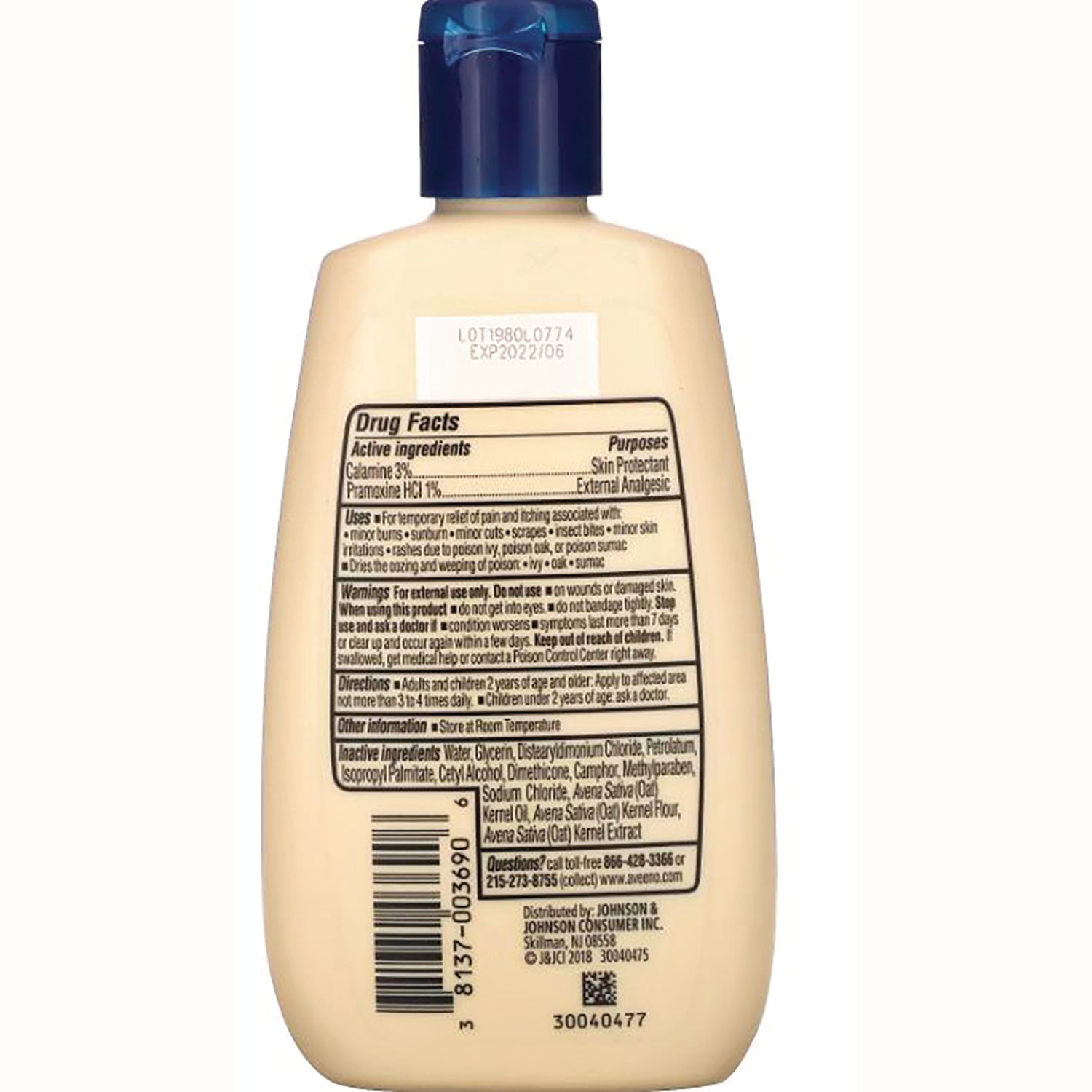 JNJ002 | back of beige lotion bottle showing Drug Facts label, ingredient list and barcode