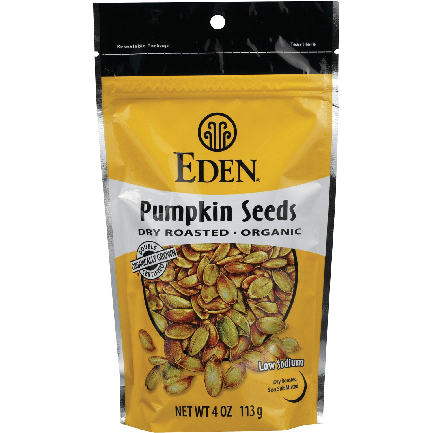 EDF037 | EDEN Pumpkin Seeds dry roasted organic resealable 4 oz pouch showing seeds