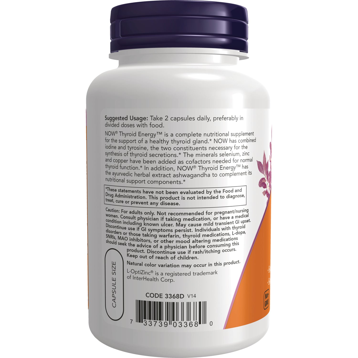 NWF104 | back of white supplement bottle showing suggested usage, caution text, and barcode