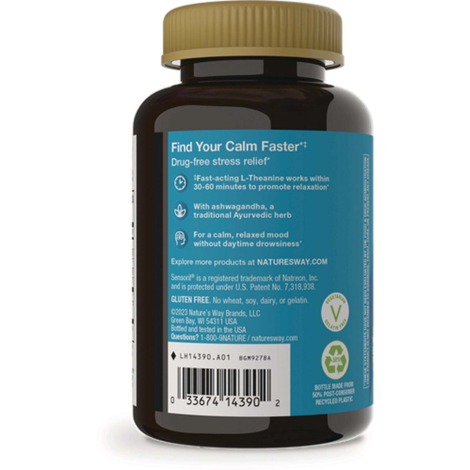 NW1059 | Back of brown supplement bottle with teal label showing product claims, barcode and recycling icons