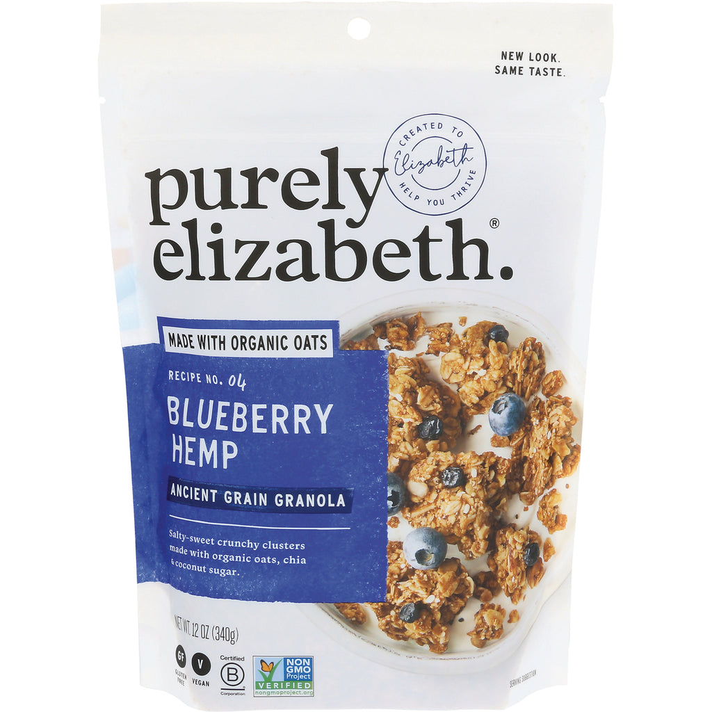 PLZ002 | Purely Elizabeth Blueberry Hemp ancient grain granola pouch showing front packaging and bowl of granola with blueberries - Thumbnail