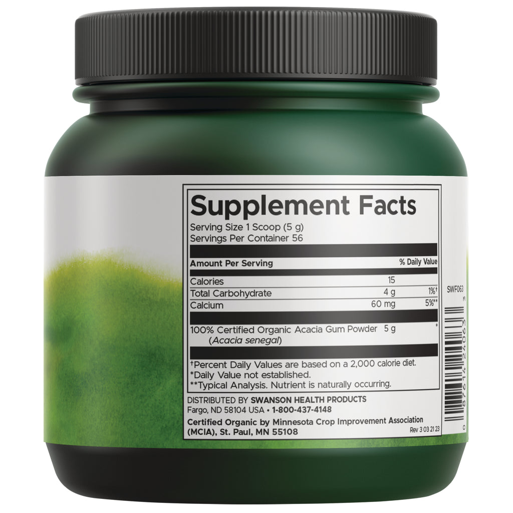 SWF063 | Supplement Facts panel on back of green jar; serving size 1 scoop (5 g); organic acacia gum powder - Thumbnail