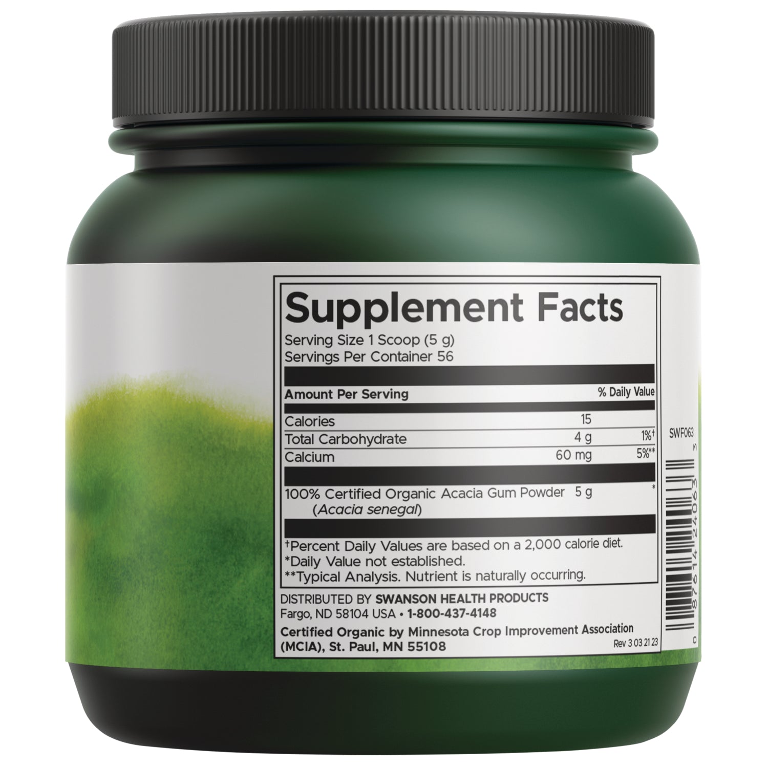 SWF063 | Supplement Facts panel on back of green jar; serving size 1 scoop (5 g); organic acacia gum powder
