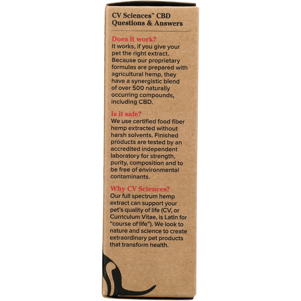Back panel of CV Sciences CBD box showing questions and answers about efficacy, safety, and company - Thumbnail