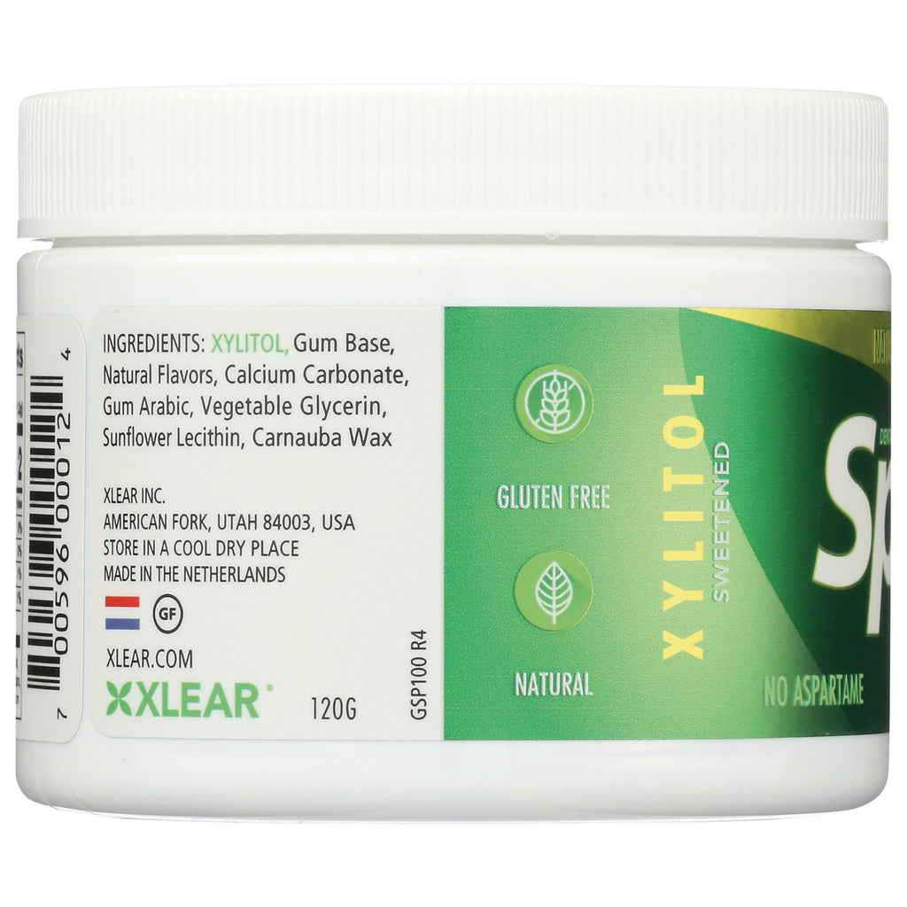 XL003 | Back label of Xlear xylitol gum container with ingredients, Gluten Free and Natural icons, 120 g - Thumbnail