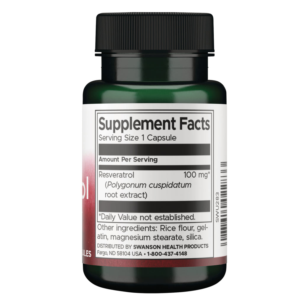 SWU283 | Back label with Supplement Facts and ingredients for Resveratrol 100 mg capsules - Thumbnail