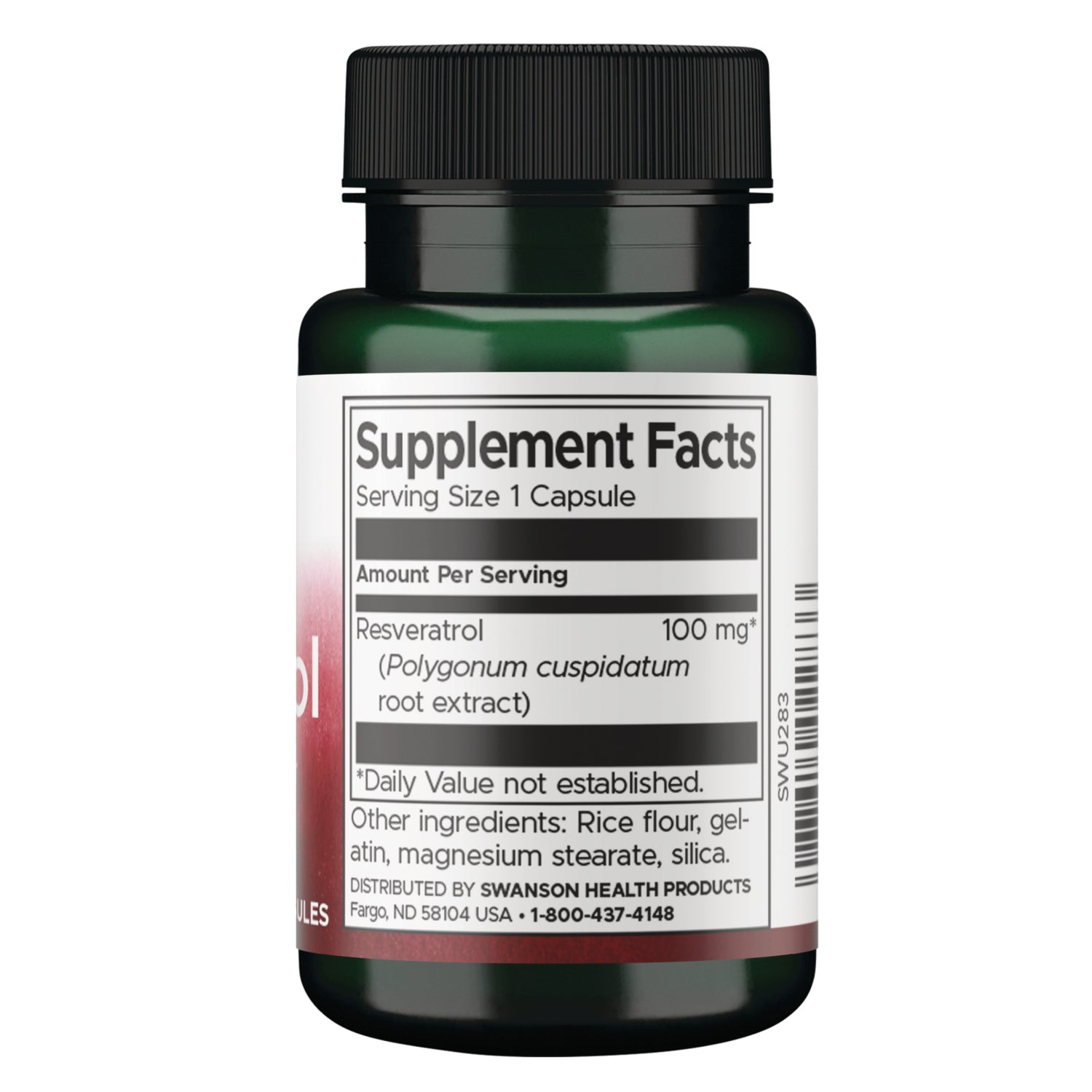 SWU283 | Back label with Supplement Facts and ingredients for Resveratrol 100 mg capsules