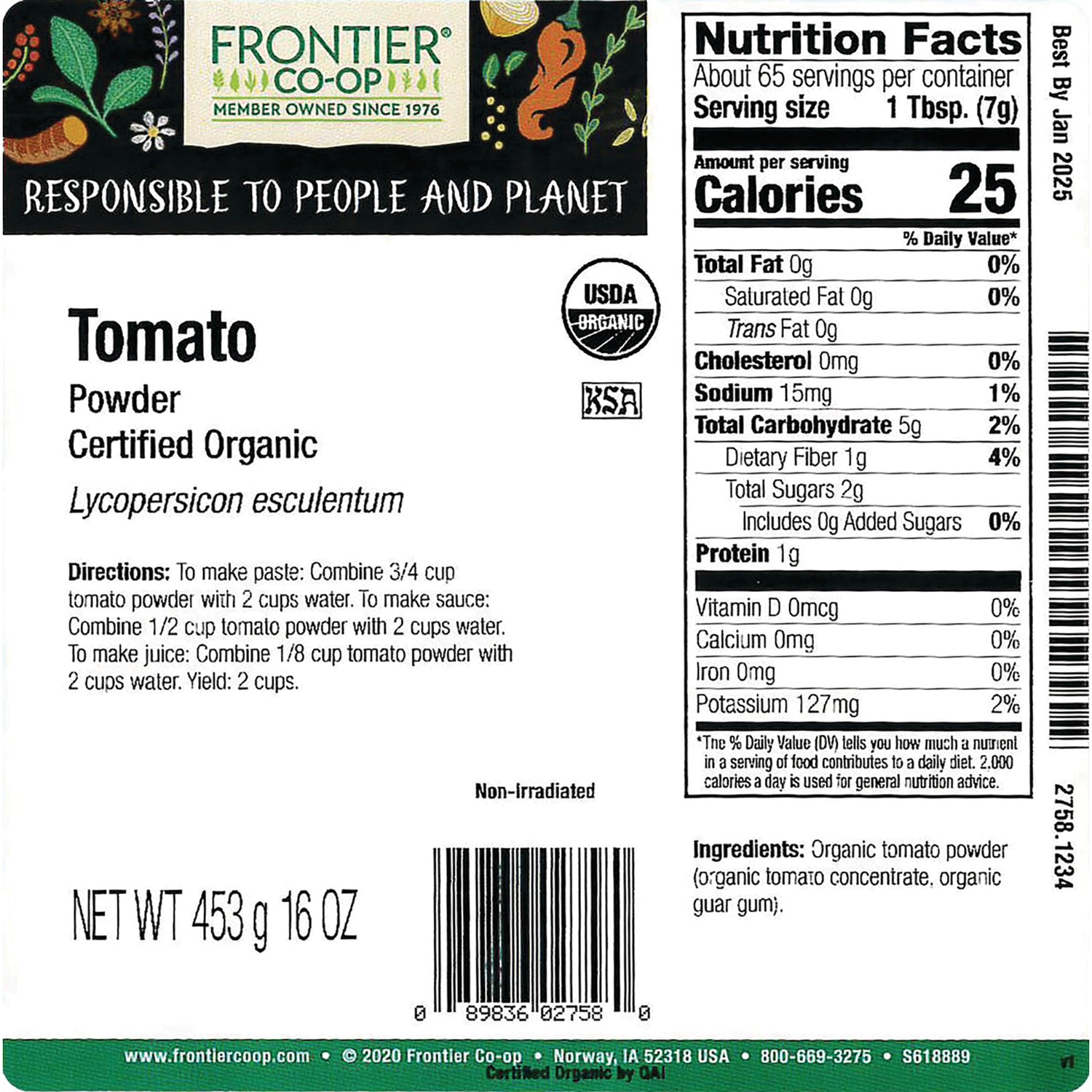 FNP076 | Back label showing nutrition facts, ingredients, directions and certified organic Tomato Powder net wt 453 g
