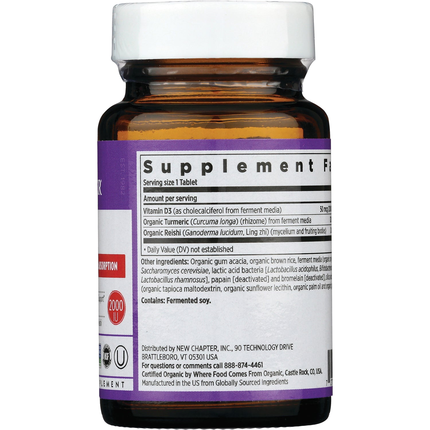 NWC341 | Back of amber supplement bottle showing Supplement Facts panel, ingredient list, contains Fermented soy