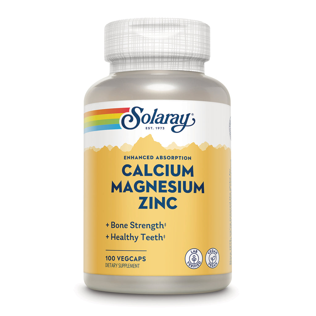 SLR335 | Solaray Calcium Magnesium Zinc bottle with yellow label stating 100 vegcaps dietary supplement - Thumbnail