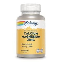 SLR335 | Solaray Calcium Magnesium Zinc bottle with yellow label stating 100 vegcaps dietary supplement