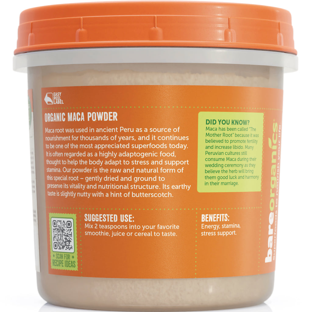 BOR005 | Back label of organic maca powder tub with suggested use, benefits, and DID YOU KNOW panel - Thumbnail