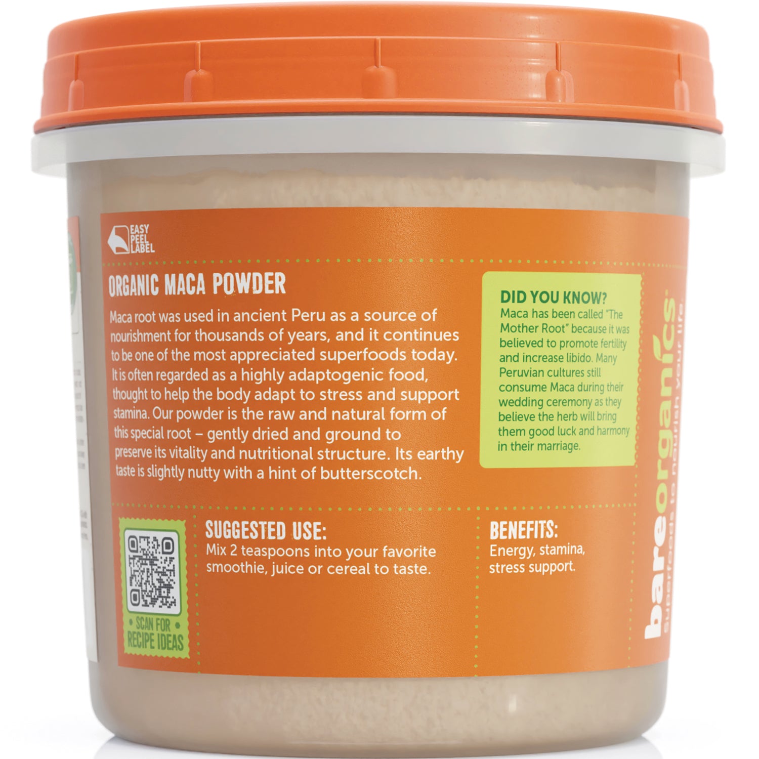 BOR005 | Back label of organic maca powder tub with suggested use, benefits, and DID YOU KNOW panel