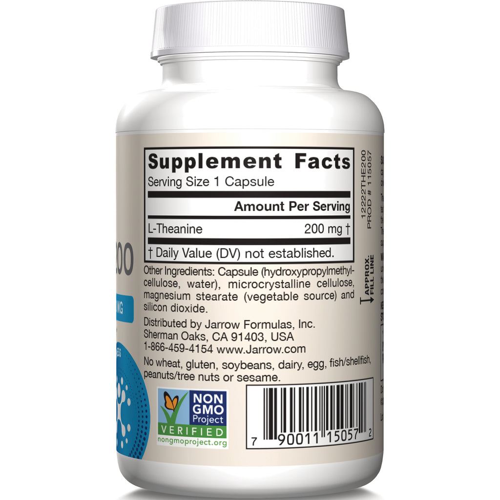 JR331 | Back label showing Supplement Facts with L-Theanine 200 mg, ingredients, Non GMO Verified logo and barcode - Thumbnail
