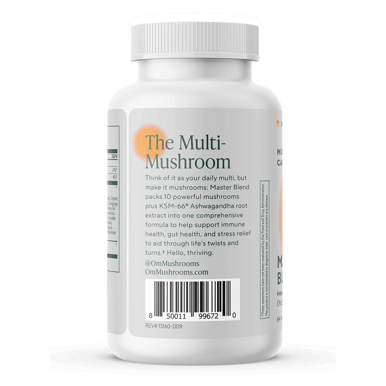 MMX029 | Back label of white supplement bottle reading ADAPTOGEN POWERHOUSE with benefits icons and QR code